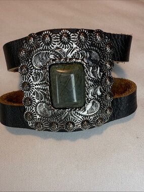 Black Leather Cuff Bracelet with Silver-Tone Concho and Labradorite Stone